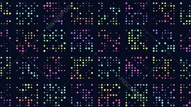 Vibrant and visually appealing colorful grid of dots on black background