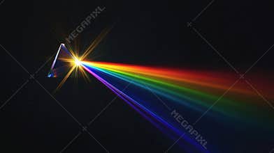White light is dispersing into the visible color spectrum as it passes through a triangular prism on a black background