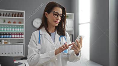 Woman doctor with glasses in a clinic room using smartphone surrounded by medical supplies, focusing intently on digital