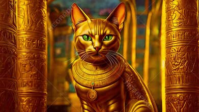 Golden Egyptian magical divine cat, cat in the temple of the Egyptian goddess Bastet
