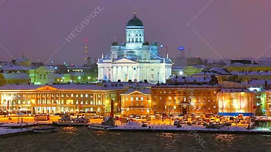 Winter night scenery of Helsinki, Finland