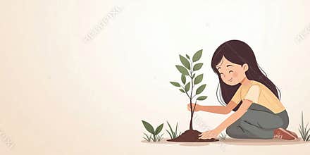 Girl planting young tree in soil, nurturing environment, promoting sustainability, love for nature, growth, and