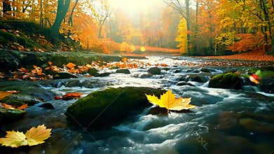 AI-generated illustration of the fallen  river flowing on rocks in an autumnal forest on a sunny day