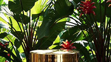 Lush Tropical Greenery Scene with Vibrant Flowers and Reflective Surface Footage
