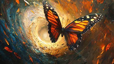 Monarch butterfly against a vivid cosmic vortex