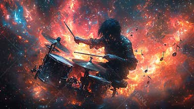 Drummer in a cosmic explosion of vibrant musical notes