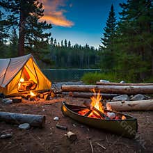 Colorful Summer Camp with Campfire, Canoe, and Cozy Tent