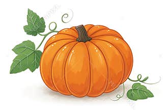 Autumn orange pumpkin with green leaf, clip art illustration isolated on white background