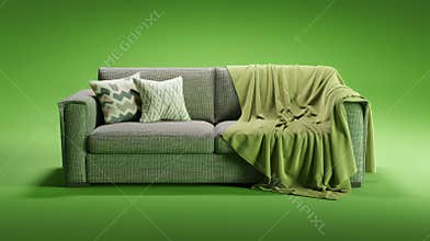 Cozy gray sofa with green pillows and blanket, set against a vibrant green backdrop.