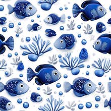 Blue fish swim among sea plants in a seamless pattern, perfect for children's illustrations, showcasing a flat and