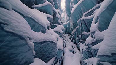 Mesmerizing blue ice formations in glacier cave with intricate crystalline patterns