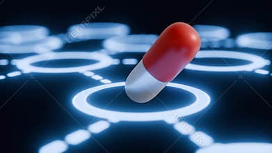 A capsule pill interconnected by glowing white rings and dashed lines.