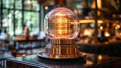 A futuristic quantum computing device is showcased inside a stylish cafe