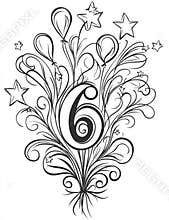 Enjoy this fun 6th birthday coloring page, showcasing a giant number six amidst colorful balloons and stars, ideal for