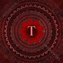 Vintage Red Letter T in Mandala Floral Pattern Frame