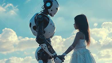 Girl and Robot Holding Hands Against a Cloudy Sky Ai generative