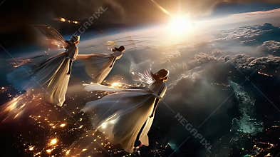 fantasy scene featuring three angels flying in the space with transparent wings, heading to earth