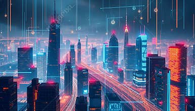 futuristic cyberpunk city skyline with neon highways and glowing smart skyscrapers