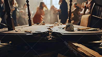 Foreground table frames chaotic brawl inside damaged room as blurred people shove and struggle in smoky background, showing civil