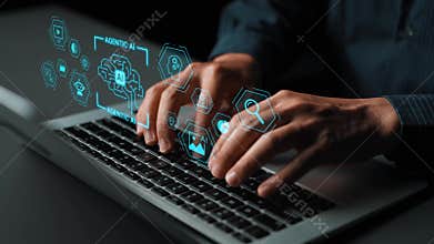 Hands Typing on Laptop with Digital Interface Featuring Artificial Intelligence Icons and Data Illustrations in Modern