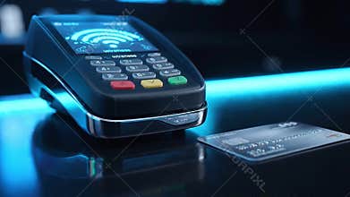 Contactless payment terminal beside bank card on glossy surface, blue neon reflections highlighting wireless checkout