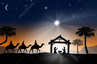 Traditional Christian Christmas Nativity scene with the three wi