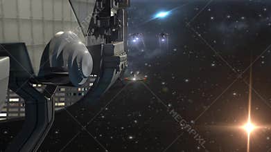 Military spacecraft with drones in deep space