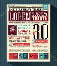 Happy Birthday Party card design layout in newspaper style