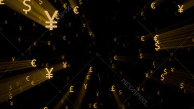 Looped animation of glowing currency symbols with bright golden light rays flying through dark space