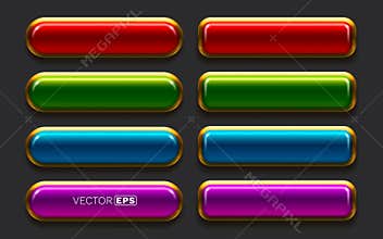 Shiny colorful vector buttons with golden borders. A set of glossy UI elements for game or web design.