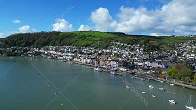 Dartmouth, River Dart, South Devon, England: DRONE VIEWS: A reveal shot of the port town of Dartmouth