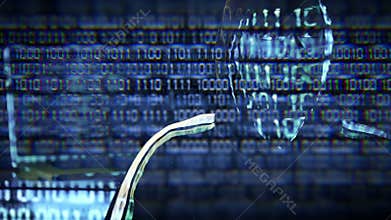 Hacker Portrait looking at binary code and trying to find the key