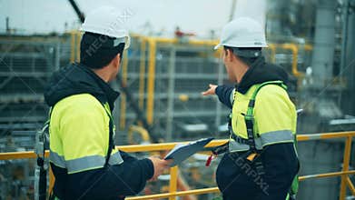 Two oil and gas workers duscussing at refinery industry.