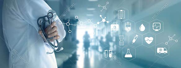 Doctor with stethoscope and white icon medical on hospital background, medical technology network concept