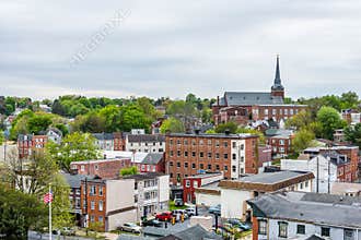 Aerial of historic downtown Lancaster, Pennsylvania with blooming trees
