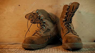 Old military boots on a wooden table