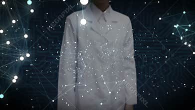 Female scientist touching screen, Various Health care technology icon connect global world map, dots makes world map.1.