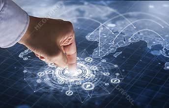 Touching futuristic screen with world connections