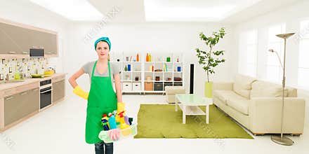 Happy maid after home cleaning