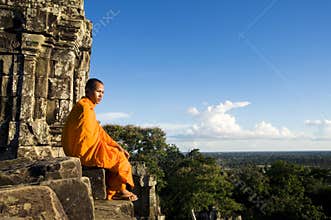 Traditional Contemplating Monk in Cambodia Concept