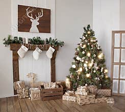 Interior living room with a Christmas tree