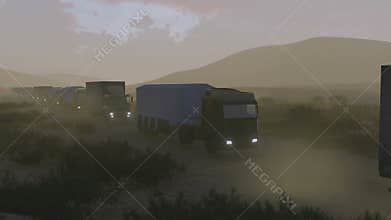 Military motorcade on a desert road at dusk