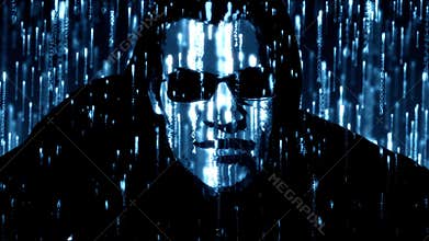 Hacker with glowing blue code