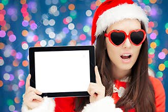Surprised Christmas Girl with Heart Sunglasses and Tablet