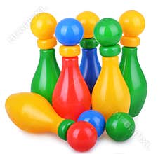 Colorful children bowling with five skittles and ball