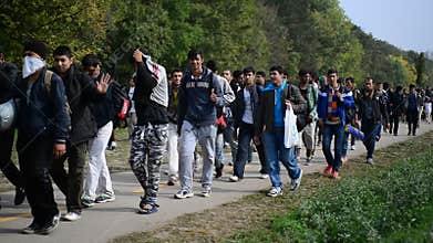 Group of refugees leaving Hungary