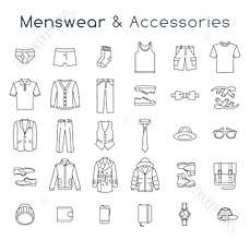 Men fashion clothes and accessories flat line vector icons