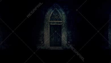 Big and Spooky Castle Door at Night Under a Lightning Storm and Rain