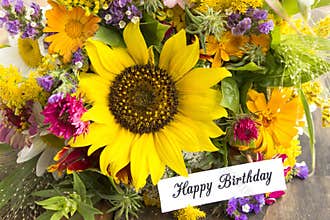 Happy Birthday Card with Bouquet of Summer Flowers