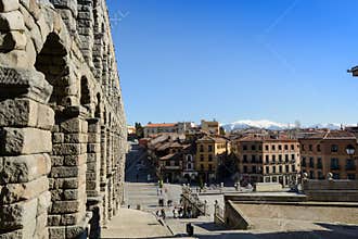 Panoramic Segovia Aqueduct and square Azoguejo